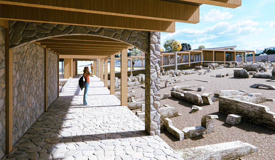 Courtyard space floating above the ruins of an ancient city