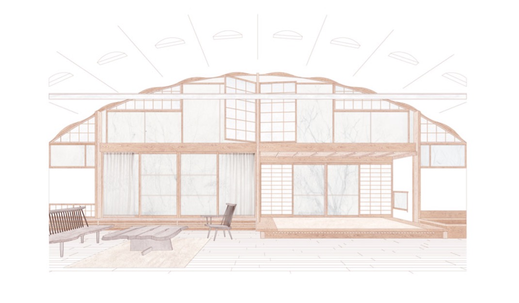 Architectural drawing of the interior of a room, with many wooden-framed windows.