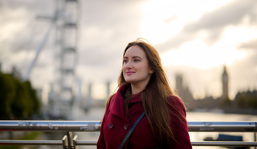 Ena outside London Eye and Houses of Parliament